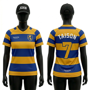 Jersey de rugby premium para mujer, mezcla de poliéster y spandex de 280 GSM, diseño de paneles a rayas azul, blanco y dorado, impresión por sublimación personalizada - Product Image 2