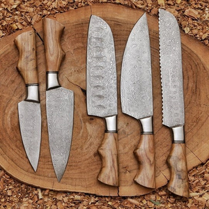 Juego de chef de acero de Damasco hecho a mano, estuche de cuero fino de 5 piezas, mango de madera, cuchillos para verduras personalizados con mango de madera de Olivo - Product Image 4