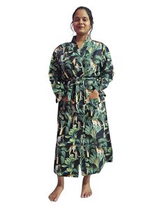 Indian Handblock Jungle Printed Cotton Bathrobe For Women with Belt, Size - 48 inch - Product Image 4