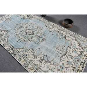 Vintage 4.5X9 ft Bleu Blanc Tapis Turc Classique Grande Surface Laine Rectangle Abstrait Patchwork Motif Latex pour Couloir Utilisation - Product Image 4