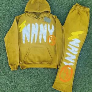 Unisex Custom Clothing Printed Heavyweight Cotton Streetwear Manufacturers' Jogging Man Raw Hem Cropped Hoodie Flared Sweatpants - Product Image 2