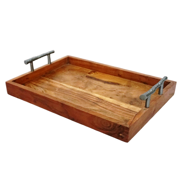 High-Grade Kitchenware Handmade Wooden Rectangle Serving Tray with Metal Handle Quality Decorative Trays