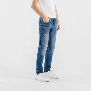 Jean en denim bleu moyen pour homme, coupe slim, vintage, séchage rapide, délavé, confortable, tendance, décontracté, jambe droite, élégant - Product Image 3