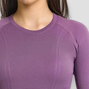 Blusa deportiva de punto de manga larga para mujer de Color sólido OEM verano otoño gimnasio cuello redondo con orificio para el pulgar para ejercicio - Product Image 3