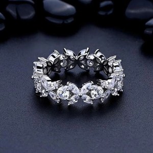 Anillo de Boda con Diamantes Cultivados en Laboratorio, Corte Marquesa Floral, Eternidad Completa, Oro Blanco de 14k, Regalos de Aniversario para Mujer, E/VS - Product Image 1