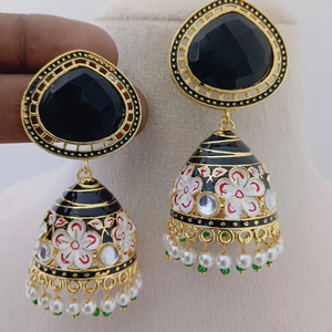 Ensemble de boucles d'oreilles Meenakari Jhumkas Bloom fleurs peintes à la main Collection unique de boucles d'oreilles faites à la main par des artisans - Product Image 1