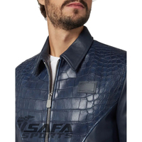Blouson bombardier en cuir bleu prêt à expédier pour hommes avec veste en cuir gaufré crocodile en cuir de mouton véritable