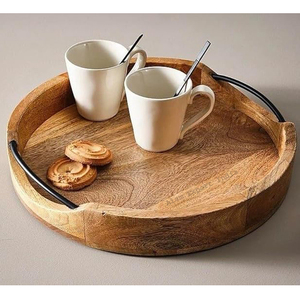 Vintage New Arrival Mango Wooden Serving <b>Tray</b> Platter Round Shape Natural Finished Metal Handle Custom Size for Tea <b>Snacks</b> <b>Trays</b> - Product Image 1