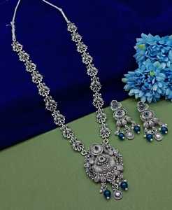 DERNIER DESIGNER À LA MODE ABD TRADITIONNEL OXYDSIDE ARGENT NOIR MENTAL BIJOUX LONG PENDENTIF COLLIER ENSEMBLE POUR FEMMES ET FILLES - Product Image 1