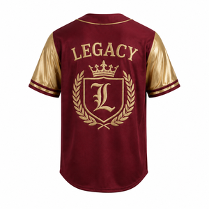 Camiseta de Béisbol para Hombre, Color Granate, de Poliéster Resistente, con Mangas Doradas Metálicas, Bordado Personalizado con el Escudo de la Marca, Cierre de Botones, Estilo Urbano - Product Image 2