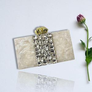Artistic Resin Purse Jewelry <b>Box</b> With Crystal Embellishment And Gold Flower Top For <b>Wedding</b> Decoration - Product Image 1