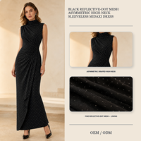 Robe mi-longue asymétrique noire pour femme avec strass thermocollés et maille, col montant, sans manches, drapée sur le côté – Fabricant OEM&ODM de robes personnalisées