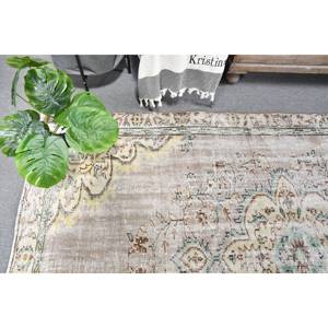 Alfombra turca clásica vintage de lana de retazos beige y verde con respaldo de látex, hecha a mano, alfombras rectangulares para mesa auxiliar de 5,2x8,4 pies - Product Image 2