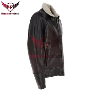 <b>Mens</b> Genuine Leather <b>Jacket</b> Winter <b>Shearling</b> Collar Biker Bomber Motorcycle Casual Fashion Cowhide Custom OEM ODM - Product Image 4