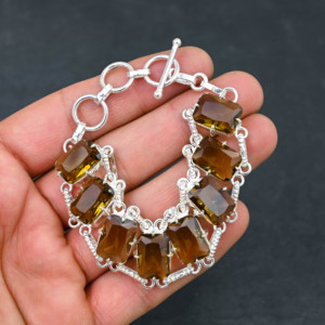 Piedra preciosa de cuarzo ahumado creada en laboratorio, pulsera de estilo de cadena hecha a mano chapada en plata 925, regalo de joyería fina de diseñador - Product Image 3