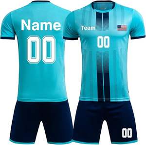 Uniformes de Fútbol Personalizados de Alta Calidad, Sublimación, Bordado con Logotipo del Club, Conjunto de Camiseta de Fútbol de Poliéster Azul en Venta - Product Image 1