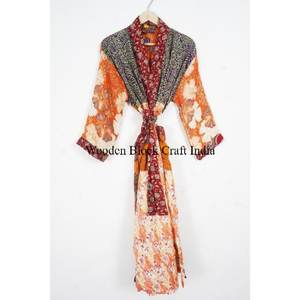 Handmade Long Silk Sari Kimono <b>for</b> <b>Women</b> High Quality Elegant Floral Pattern Bridesmaid Robes Free Size <b>Nightwear</b> Summer Quick - Product Image 6