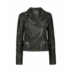 Veste de moto en peau de mouton véritable recadrée pour femmes en gros OEM de traitement tricoté en tissu imprimé en cuir véritable personnalisé - Product Image 4