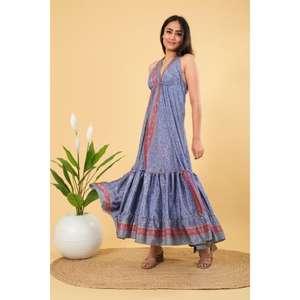 ชุดเดรสผ้าไหมวินเทจ เสื้อผ้าผู้หญิง ชุดฤดูร้อน เดรสเปิดหลัง เดรสสม็อค - Product Image 6