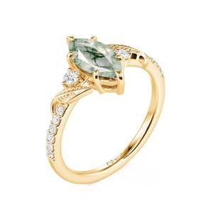 Jeulia Rhodium-Plated Gold Leaf Marquise <b>Moss</b> <b>Agate</b> Claw Inlay <b>Ring</b> for Women - Product Image 2