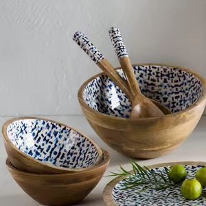 New Design Mango Wood Serving <b>Bowl</b> Natural Finished <b>Enamel</b> Design Wedding & Home Tabletop Decorated Serving <b>Bowl</b> - Product Image 6