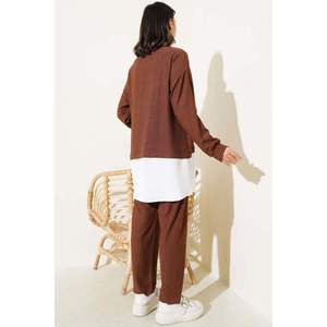 Tunique Chemise en Crêpe Garnie Ensemble 2 Pièces Marron - Product Image 4
