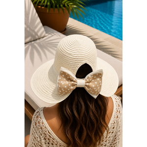 Sombrero de Playa con Estampado de Puntos Crema, Ajustable, de Material Natural, para Niños, Temporada de Verano - Product Image 1