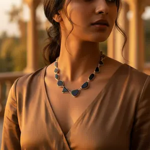 Collier statement en argent 925 avec pierre d'onyx pour femmes, bijoux perlés tendance - Product Image 1