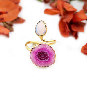 Aqua calcédoine naturelle Quartz solaire rose Double pierre forme de poire plaqué or 24K Designer femmes bague bijoux en gros inde - Product Image 1