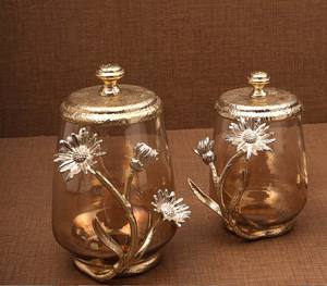 Modern <b>Storage</b> Jar for Home Kitchenware Aluminium & <b>Glass</b> Flower Design Gold Canister Round <b>Storage</b> Boxes Bins Flowers Jars Box - Product Image 6