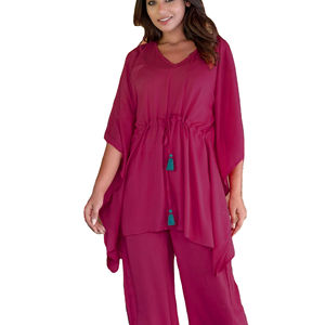 Kaftán informal de manga corta de color sólido para mujer con pantalón, novedad - Product Image 1