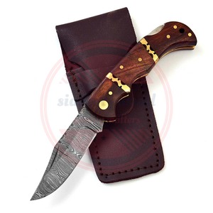 Cuchillo plegable completo de acero de Damasco al por mayor, cuchillo de bolsillo para exteriores con Funda de cuero y mango de madera - Product Image 6