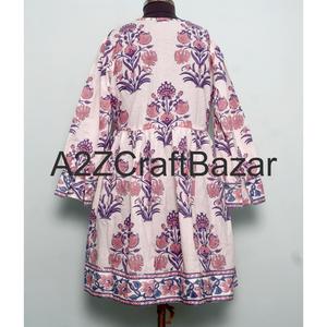 Robe Midi Bodycon à Manches Longues Col en V en Coton 100% Simple et Écologique à Motifs Floraux Imprimés Numériquement à la Main avec Tissu Lavable - Product Image 5