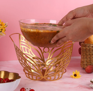 Bol à fruits en verre avec support Centre de table rond transparent pour table à manger Bol à salade à pied papillon en métal teinté or pour servir - Product Image 4