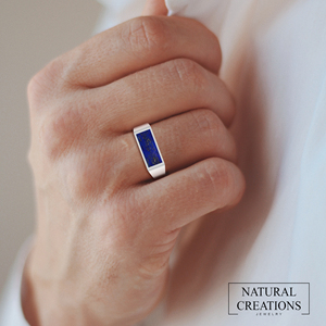 Bague en argent sterling 925 pour homme, classique, sertie de lapis-lazuli, baguette, faite à la main, cadeau unique pour lui, anniversaire, fête - Product Image 4