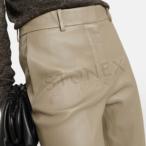 Pantalones Rectos de Cintura Alta de Cuero Puro y Lona para Mujer, Estilo Vintage, Impermeables, para Invierno, Venta al Por Mayor - Product Image 5