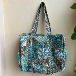 Quilted Cotton Duffle <b>Bag</b> Indian Handmade <b>Weekender</b> <b>Travel</b> and Shopping <b>Bag</b> with Block Print Women's Stylish Tot <b>Bag</b> - Product Image 1