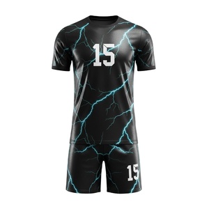 Tenue de football personnalisée 100% polyester par sublimation, design éclair noir et vert sarcelle, kit complet maillot et short numéro 15 - Product Image 1
