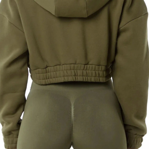 Sudadera con capucha corta clásica con cremallera completa para mujer 55% algodón 45% Spandex estilo de hombro caído de gran tamaño recortada ajuste invierno con capucha Color humo - Product Image 6