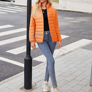 Veste matelassée pour femme tendance, manteau d'hiver matelassé léger, fermeture éclair intégrale, col montant, vêtements d'extérieur orange - Product Image 6