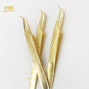 Pinzas semicurvas de plasma dorado RMI, pinzas de extensión de pestañas de acero de alta calidad, punta de agarre de diamante con logotipo personalizado - Product Image 5