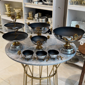 Silver Gold Metal Serving <b>Trays</b> And Tier Stands And Bowls Dishes With Floral Pattern Made of Stainless Steel And Brass India - Product Image 1