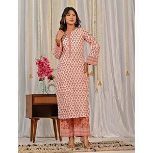 Ensemble Kurta et pantalon en coton imprimé à blocs blancs et rouges pour un usage quotidien - Product Image 6