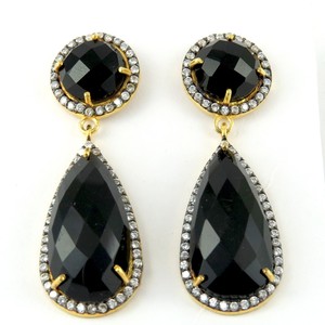 Round Pear Black <b>Onyx</b> White CZ Bohemian Huggie <b>Earrings</b> 925 Sterling Silver Jewelry for Wedding & Anniversary - Product Image 2