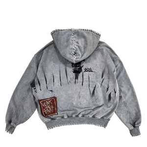 Streetwear Sweat à capuche Sun Faded Applique Distressed Broderie Patches Sweat à capuche Logo personnalisé Lavage à l'acide Sweat à capuche zippé pour hommes - Product Image 3