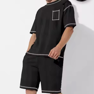 Chándal de algodón 100% de alta calidad personalizado parche bordado de gran tamaño conjuntos de 2 piezas Conjunto de camiseta y pantalones cortos para hombre - Product Image 1