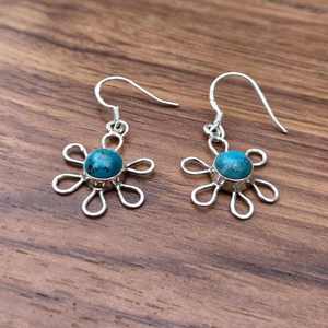 925 Sterling Silver Natural TurquoiseFlower Main imploré Français Hoops Boucle D'oreille Bohème Minimaliste Boucle D'oreille - Product Image 3