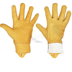PK Highest Quality Safety Driver Work Gloves Grain Leather <b>Back</b> Cow Split Leather with Brown Piping Anti-Slip 10-inch 11 oz - Product Image 1