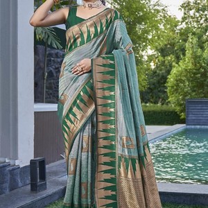 Saree stampato a mano per le donne, <span class=keywords><strong>sari</strong></span> indiano Designer con camicetta cucita, Ready to wear sare - Product Image 5