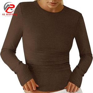 Primavera otoño sólido Slim Street Wear manga larga mujeres deportes Fitness Top cuello redondo flaco Color sólido señoras camisetas - Product Image 1